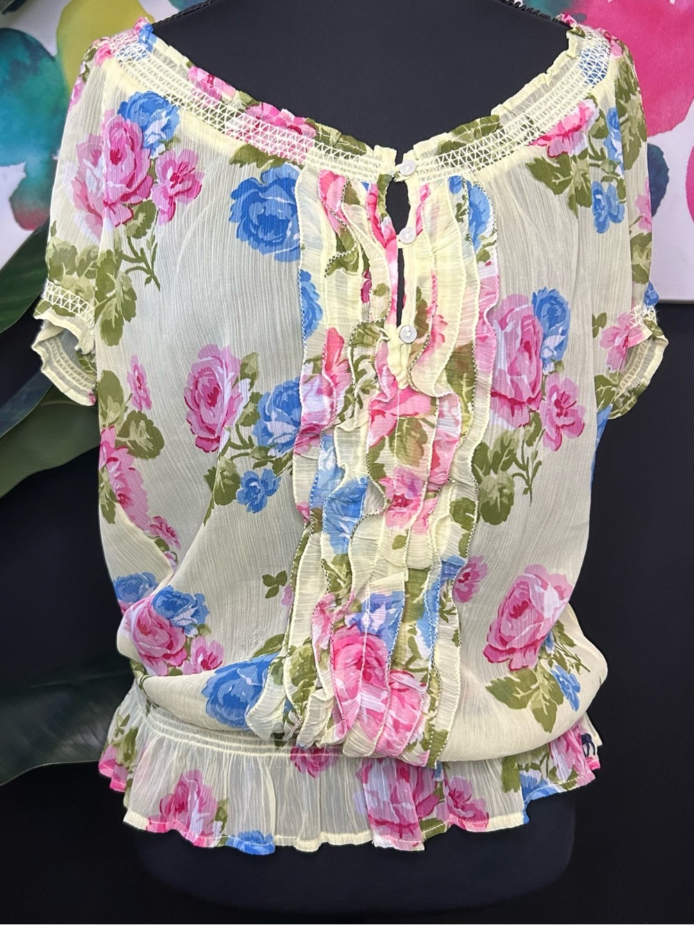 Abercrombie & Fitch Yellow Sheer Floral Ruffle Top